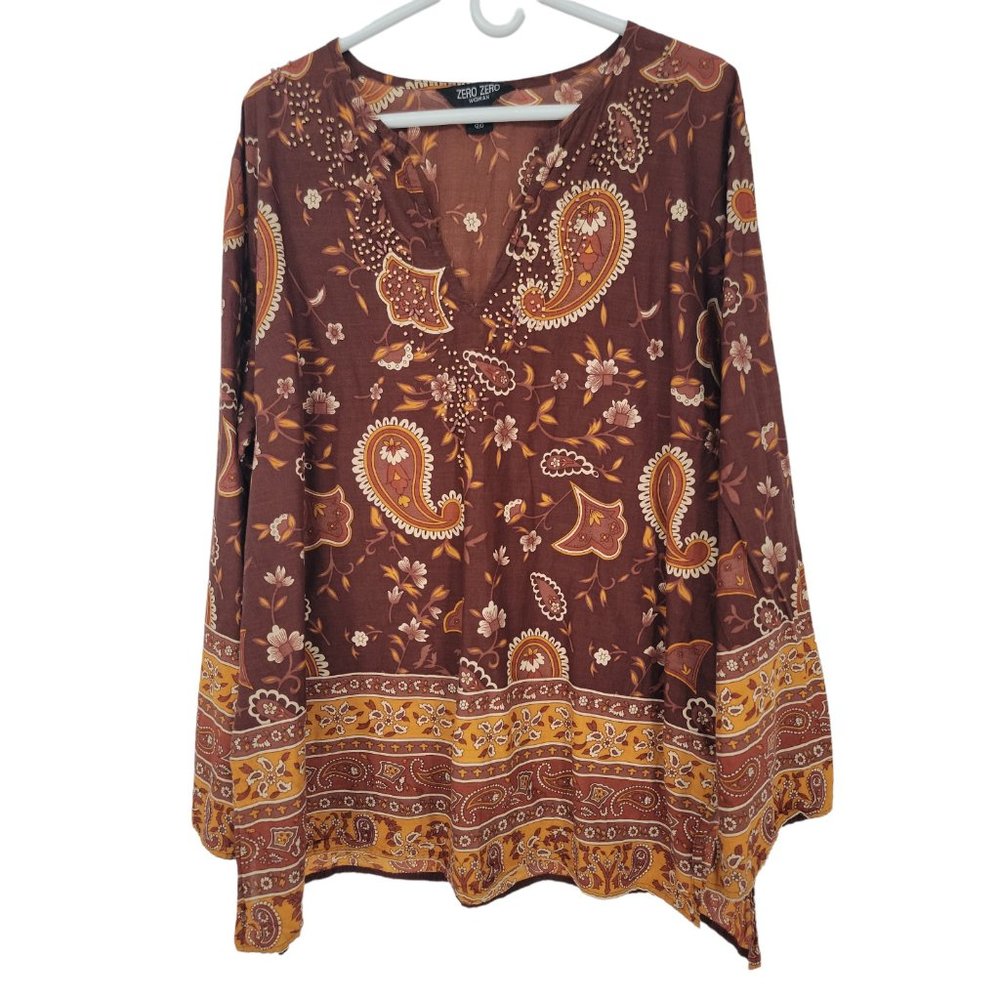 Zero Zero Size 3X Womens Tunic Top Brown Paisley Beaded Long Sleeve Shirt
